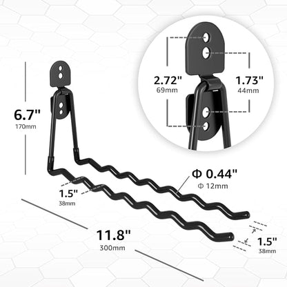 COCOYA Garage Hooks 11.8" Long with 2 Extension Storage Straps (2 Pack) | Interlocking Design, Wave-Shaped, Heavy Duty, Hanging Ladder Shovel Bike Garden Tool, For Shed Yard Garage, Black