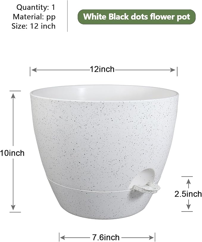 WSMKSZ 12 inch Large Self Watering Pots, Planter, Plant Pots with Multi Mesh Drainage Holes for Indoor Outdoor House Plants and Garden, Plastic Flower Pots with Deep Reservoir, Speckled White