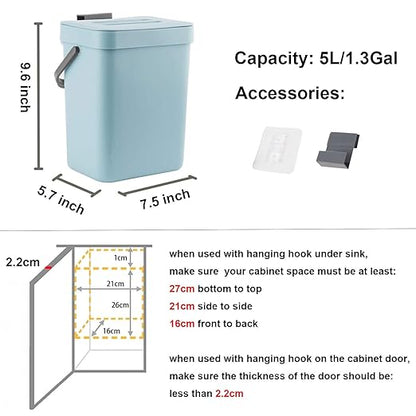 LALASTAR Small Trash Can with Lid, Compost Bin Indoor Kitchen Sealed Under Sink for Kitchen, Food Waste Bin for Countertop, Mountable Garbage Can for Bathroom, RV, 5L/1.3 Gal, Blue