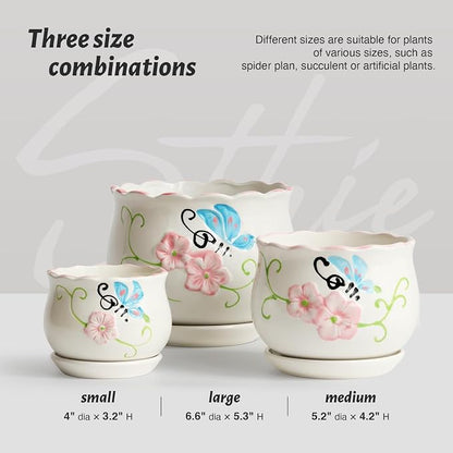 Flower Pots, Ceramic Plant Pots Set of 3, Small Succulent Pot with Drainage | 4/5.2/6.6 Inches, Cactus Planter with Saucer, Indoor Garden Pots