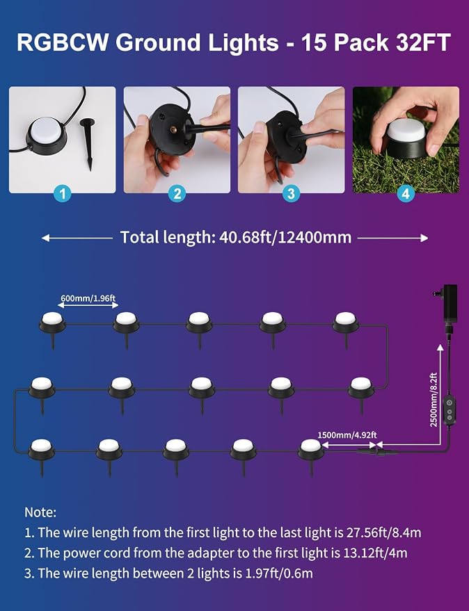 APPECK Outdoor Ground Lights 15 Pack, 32FT RGBCW Color Changing Pathway Lights Waterproof, 2200-6500K CCT Landscape Lighting, for Path Garden Lawn Patio Holiday Party Decor, Compatible with Alexa