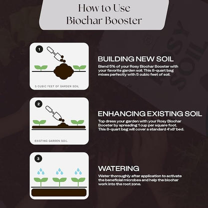 Rosy Soil Biochar Booster, Biochar Soil Amendment, 8 Quarts | Horticultural Charcoal, For Vegetable Gardens & Flowers, Outdoor & Indoor Plants, with Mycorrhizae, Worm Castings & Compost