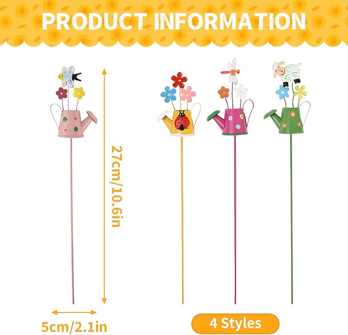 Decorative Garden Stakes Set Metal Garden Ornaments Waterproof Decorations for Indoor Outdoor Yard Patio Plant Pot (Watering can-4PCS)