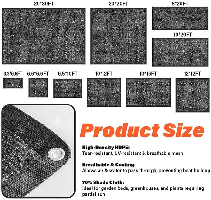 JOJOLEE 40% Sun Shade Cloth, 20x20FT Shade Net Mesh Tarp with Grommets, Black Sunblock Cover for Outdoor Patio Plants, Pergola, Greenhouse, Chicken Coop, Backyard, Balcony