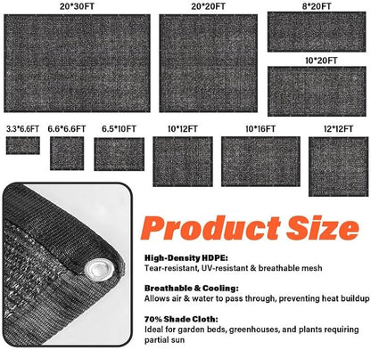 JOJOLEE 40% Sun Shade Cloth, 20x20FT Shade Net Mesh Tarp with Grommets, Black Sunblock Cover for Outdoor Patio Plants, Pergola, Greenhouse, Chicken Coop, Backyard, Balcony