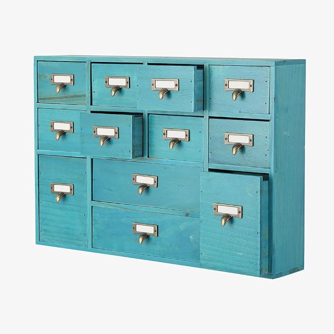 Apothecary Drawers Apothecary Cabinet with Drawers, Blue | 12 Drawer Library Card Catalog, Wooden Storage Box, Wooden Desktop Organizer with Metal Handles-Fulled Assembled