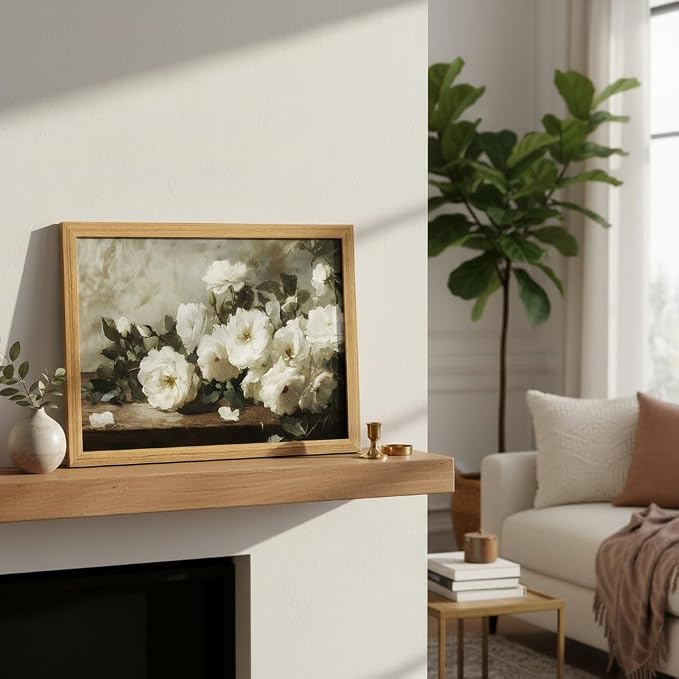 smvexyl Framed White Rose Vintage Floral Wall Art, Botanical Canvas Painting, Rustic Farmhouse Cottagecore Flower Decor, Romantic Botanical Artwork for Living Room Bedroom Bathroom Home Decor, 16x12inch