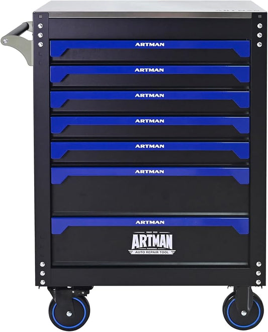 7-Drawer Rolling Tool Chest, Iron Top for Garage, Black&Blue | Heavy Duty Mobile Tool Cabinet with Drawers, Large Metal Tool Box Organizer for Repair Shop and Storage