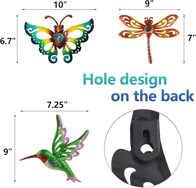 Hummingbird Butterfly Dragonfly Metal Wall Art, Hanging Wall decor Indoor | BVLFOOK; Ornament for Indoor Outdoor; 3 pack 9 inch; Living Room décor; Bedroom; Garden; Porch; Patio; Balcony
