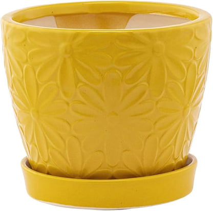 Napco Imports Embossed Daisy Design Ceramic 4.75 x 4.75 Inch Dandelion Yellow Indoor Standing Planter Pot with Drain Hole and Attached Saucer