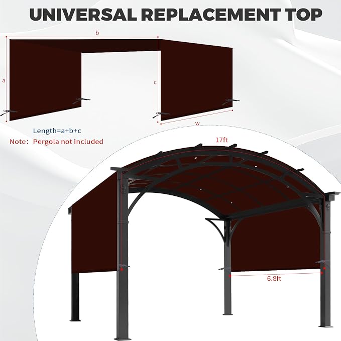 Waterproof Pergola Canopy Replacement Cover, 17' x 6.8',Brown | Waterproof polyester canopy with built-in drainage holes and adjustable tie straps for a secure fit in rain and wind.