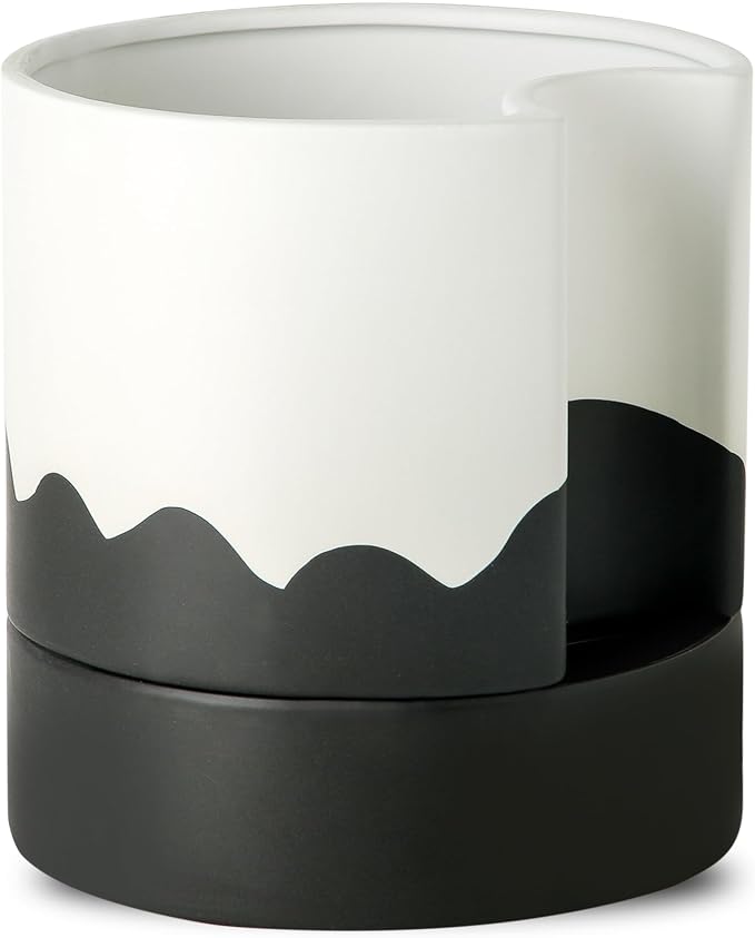 Nihow Self Watering Plant Pot, 8 Inch, White & Wave Black | Ceramic Planter, Drainage Hole & Water Storage Plus, Cylinder Round Flower Pot, Indoor & Outdoor, For Succulent/Herbs/Violets