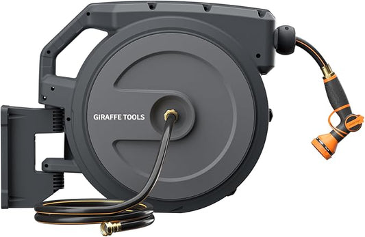 Giraffe Tools Heavy-Duty Wall-Mounted Hose Reel, 5/8" x 90 ft Retractable Hose with Automatic Rewind, 180° Swivel, Any-Length Lock & 7-Pattern Nozzle (Dark Grey)