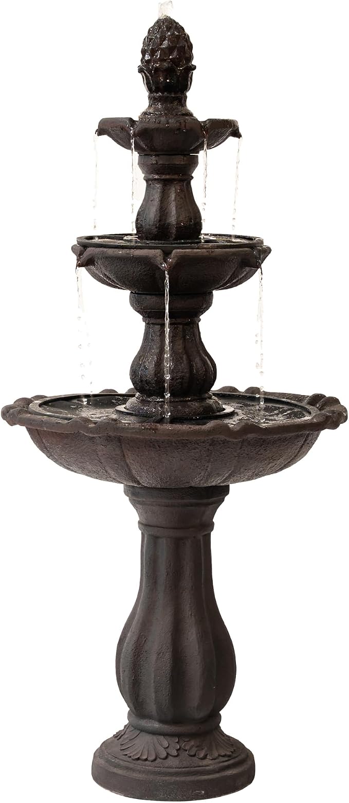 XBrand 3-Tier Water Fountain w/Pump & Pineapple Top, 51 Inch Tall, Brown, Large Outdoor Freestanding Waterfall Decor for Porch, Lawn and Garden