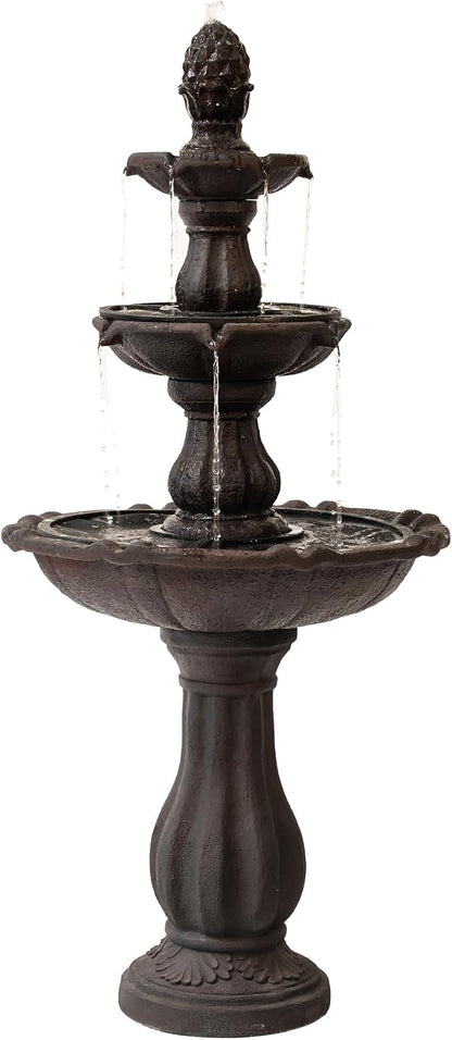 XBrand 3-Tier Water Fountain w/Pump & Pineapple Top, 51 Inch Tall, Brown, Large Outdoor Freestanding Waterfall Decor for Porch, Lawn and Garden