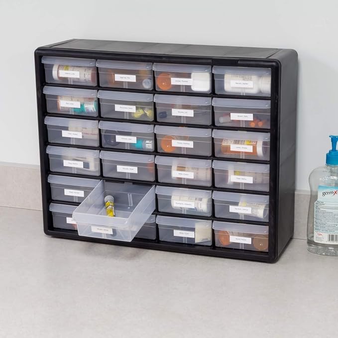 Akro-Mils 24-Drawer Plastic Storage Cabinet | 20" W x 6" D x 16" H | Black | Model 10124 | Garage Organization