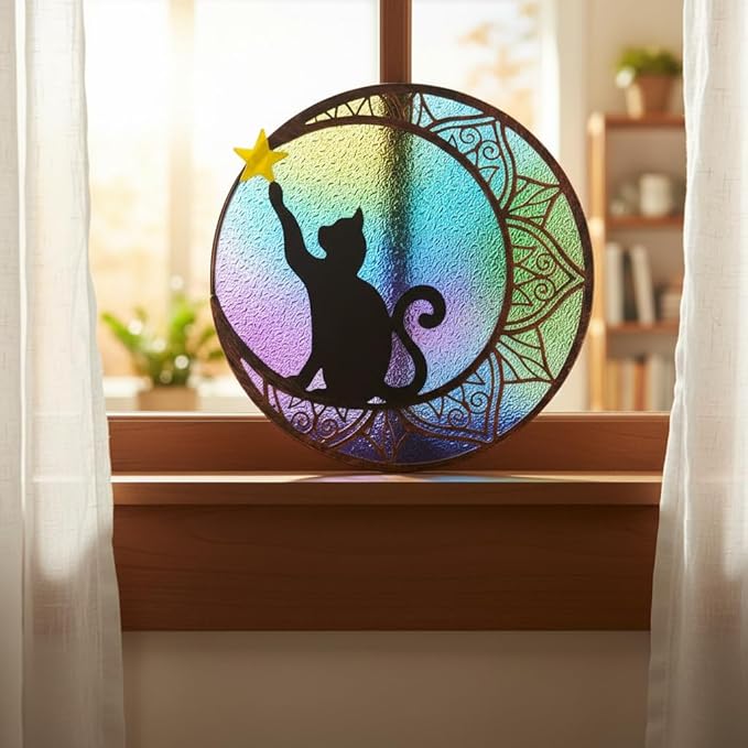 VEWOSTAR 11.8”Stained Glass Window Hanging Round Cat Sun Catchers with Star | Handmade Metal Frame Suncatcher for Window Stained Glass Panels for Wall Garden Decor