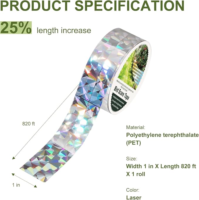 OFFO Bird Scare Tape, 820 Feet x 1 in Dual-Sided Bird Reflective Tape for Outside, Keep Birds Away from Trees, Garden, Farms, Orchard or Courtyard