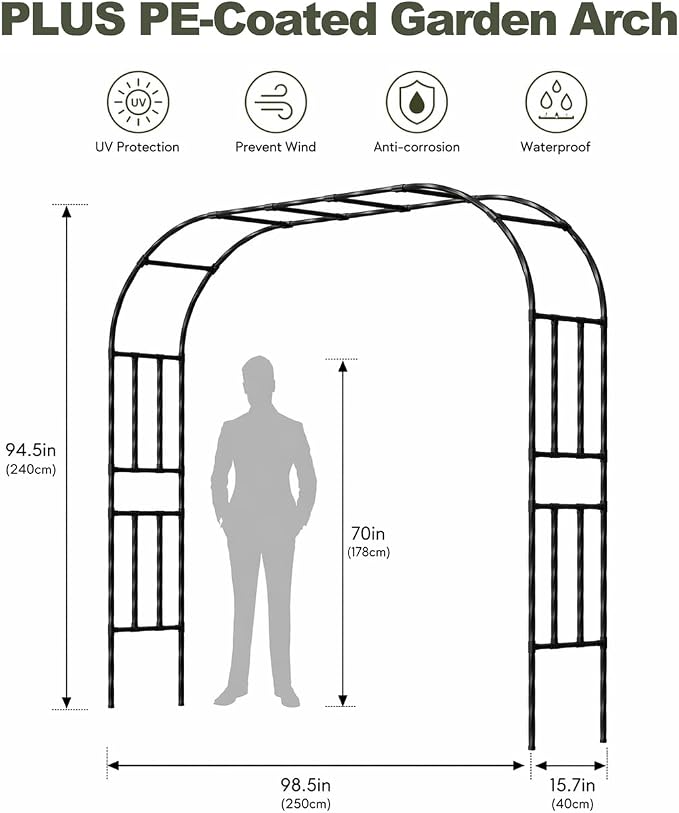 Garden Arch, 98.5’’x94.5’’ Arbor Trellis, Garden Arch Trellis for Climbing Plants Outdoor, Arbor for Flower, Climbing Vine Vegetable, Fruit and Lawn(Black)