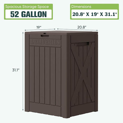 Greesum 52 Gallon Large Outdoor Package Delivery Box for Porch, Lockable Secure Double-Wall Resin Storage Box, Waterproof Deck Box for Package Protection, Brown
