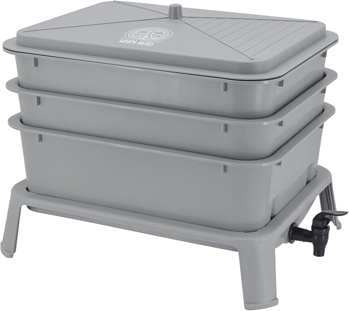 Worm Nerd WN52 4-Tray Worm Composting Bin Kit with Coco Coir Brick for Recycling Food Waste, Worm Castings, Worm Tea, Vermiculture and Vermicomposting, Gray