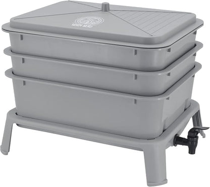 Worm Nerd WN52 4-Tray Worm Composting Bin Kit with Coco Coir Brick for Recycling Food Waste, Worm Castings, Worm Tea, Vermiculture and Vermicomposting, Gray