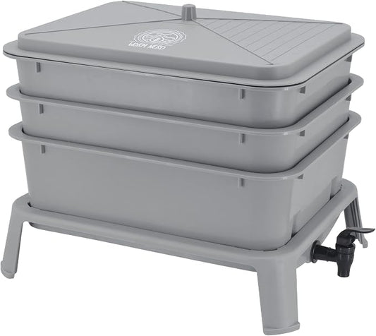 Worm Nerd WN52 4-Tray Worm Composting Bin Kit with Coco Coir Brick for Recycling Food Waste, Worm Castings, Worm Tea, Vermiculture and Vermicomposting, Gray
