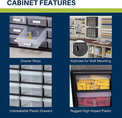 Akro-Mils 24-Drawer Plastic Storage Cabinet | 20" W x 6" D x 16" H | Black | Model 10124 | Garage Organization
