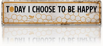 Funny Metal Tin Sign, Vintage Farmhouse Decor, Today I Choose to Be Happy Inspirational Sign, Bee Wall Art for Yard Fence Door Porch, Indoor Outdoor Decoration, 15.7 x 3.9 Inches