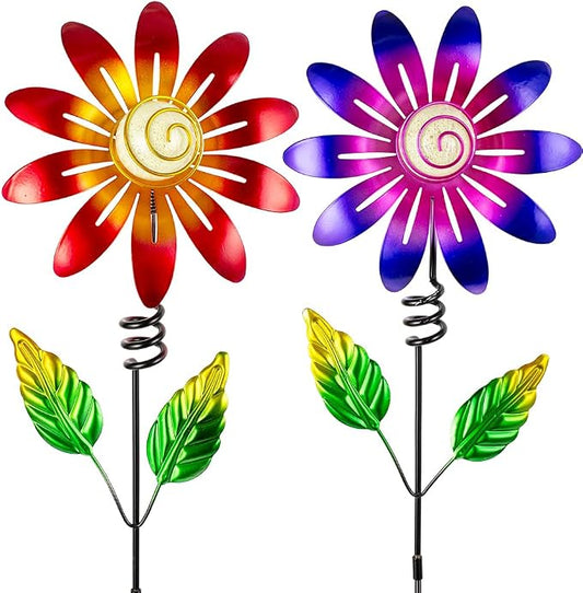 Metal Flowers Decorative Garden Stakes, 2 Pack 25'' Flower Garden Decor for Outside Spring Yard Decor, Flower Metal Yard Art for Porch Fence Landscape Patio Decor (Red & Purple)