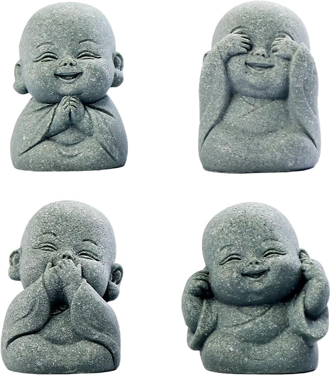 4-in-1 Laughing Buddha Statue Decor Set Small Zen Monk Sandstone Buddha Sculpture Feng Shui Ornaments for Outdoor Gardens & Indoor Meditation Rooms,Micro Landscape Decor Fish Tank Aquarium Decoration
