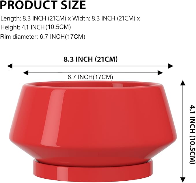 8.3 Inch Red Ceramic Planter with Drainage Hole and Saucer | Ideal for Indoor and Outdoor Plants, Modern Home Decor, Round, Gloss Red