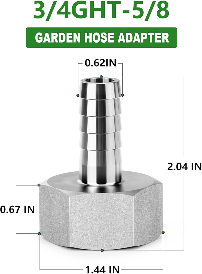 TAISHER 2PCS 304 Stainless Steel Garden Hose Repair Connector, 5/8" Barb x 3/4" GHT Female Garden Hose Adapter with Hose Clamps