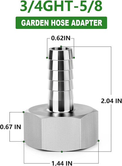 TAISHER 2PCS 304 Stainless Steel Garden Hose Repair Connector, 5/8" Barb x 3/4" GHT Female Garden Hose Adapter with Hose Clamps