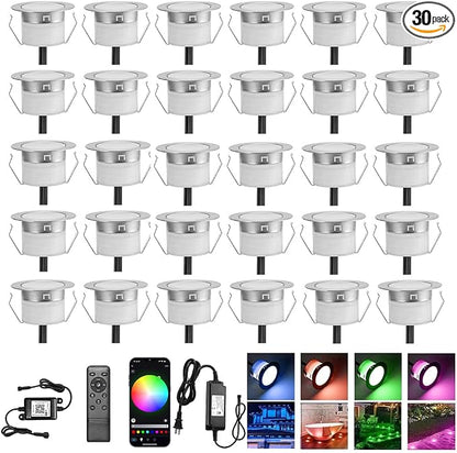 30 Pack 1.22 Inch Smart LED Deck Lights, Low Voltage RGB Outdoor Lighting | Recessed 12V IP67 Waterproof, APP Control, Compatible with Alexa & Google Home, for Patio Stair Steps Landscape Decor
