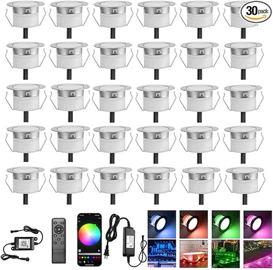 30 Pack 1.22 Inch Smart LED Deck Lights, Low Voltage RGB Outdoor Lighting | Recessed 12V IP67 Waterproof, APP Control, Compatible with Alexa & Google Home, for Patio Stair Steps Landscape Decor