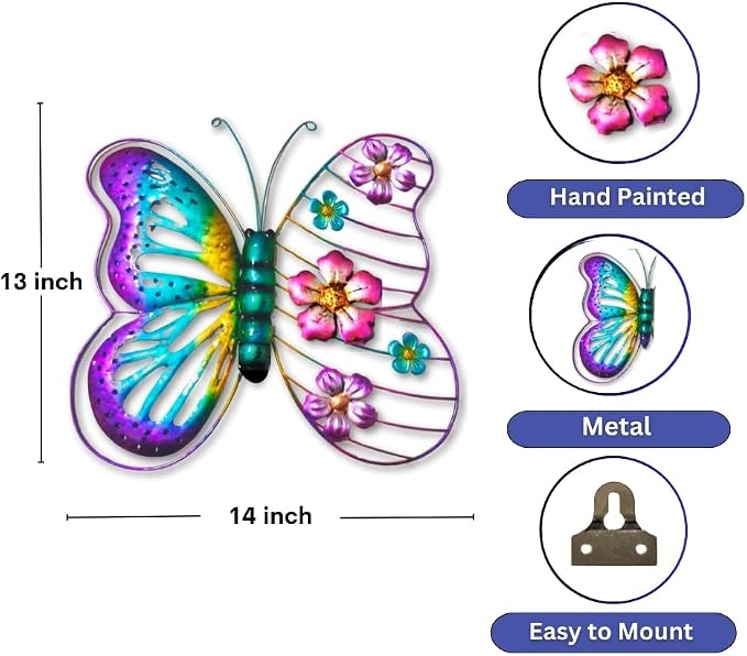 Metal Flower Butterfly Wall Decor Outdoor Indoor Wall Art Sculpture 13" Hanging Waterproof Garden Decorations Home Decorative Ornaments for Yard Fence Patio Balcony Bedroom Living Room Gift