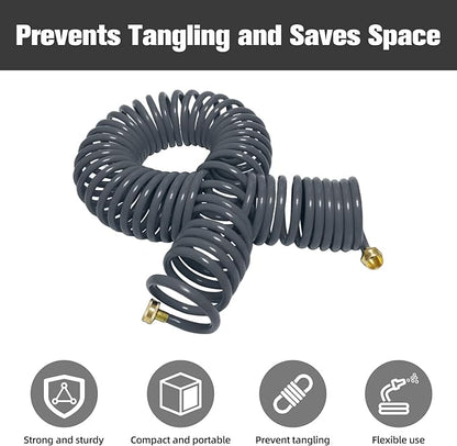 Coil Hose,3/8" EVA Coil Garden Hose 25 FT,Curly Water Hose Lightweight with Brass Connectors,Recoil Garden Hose Includes 8-Pattern Spray Nozzle for Boat, Yard, Patio