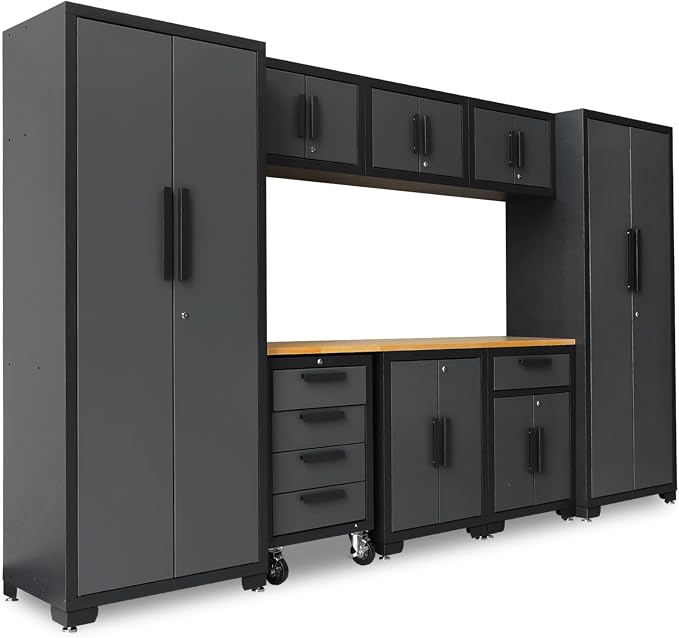 Torin Garage Cabinets Storage System, 9-Pcs Workshop Cabinet Set in Black | Included Steel Drawers Rolling Chest,Locked Storage Cabinet, Perfect for Organizing Garage and Tools, Black/Grey