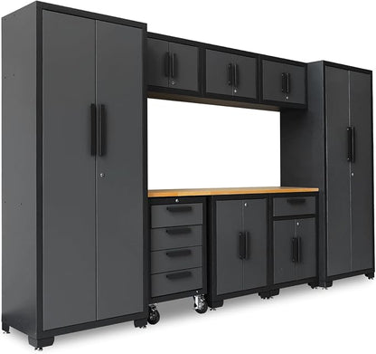 Torin Garage Cabinets Storage System, 9-Pcs Workshop Cabinet Set in Black | Included Steel Drawers Rolling Chest,Locked Storage Cabinet, Perfect for Organizing Garage and Tools, Black/Grey