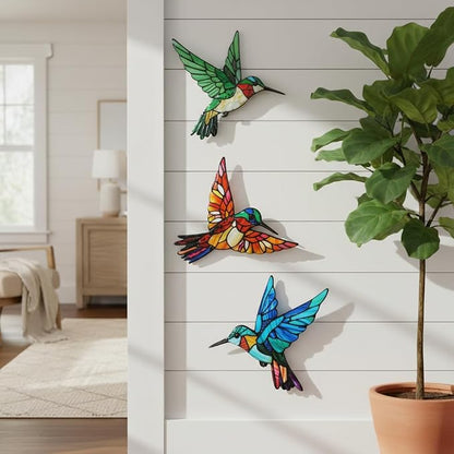 VEWOSTAR 3 Pcs Metal Hummingbird Wall Art, 3D Colorful Birds Outdoor Fence Wall Art Decor, Holiday Theme Garden Decor,Metal Bird Wall Decor for Modern Farmhouse Rustic Home