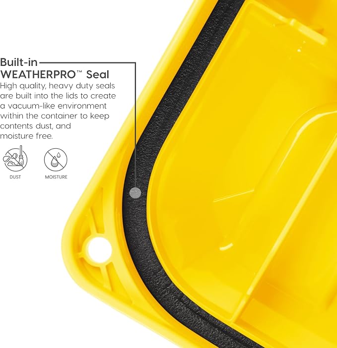 IRIS USA WeatherPro 21 Gallon Lockable Storage Bins with Lids, 4 Pack - Made in USA, Heavy Duty, Stackable Containers, Garage Organizing Tubs, Rugged Sturdy Equipment Utility Box - Black/Yellow