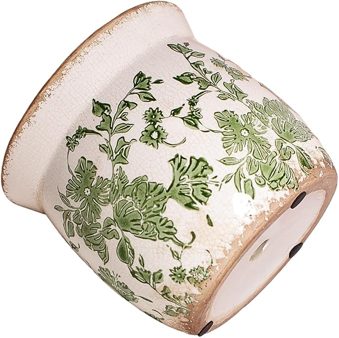 Xiaan Jiaju Vintage Farmhouse Ceramic Planter & Kitchen Utensil Holder - 6.21 Inch Tuscan Rustic Plant Pot with Drainage for Indoor/Outdoor Use, Garden & Home Decor, Unique Gift (Green Leaf)