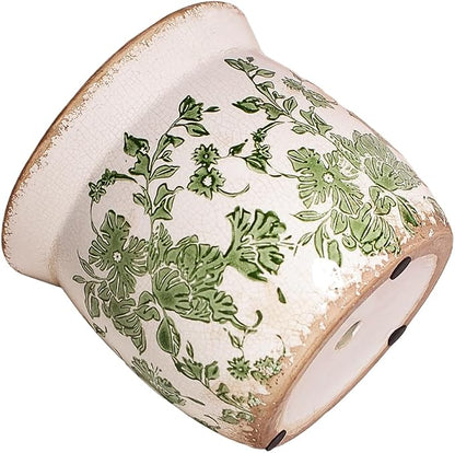 Xiaan Jiaju Vintage Farmhouse Ceramic Planter & Kitchen Utensil Holder - 6.21 Inch Tuscan Rustic Plant Pot with Drainage for Indoor/Outdoor Use, Garden & Home Decor, Unique Gift (Green Leaf)