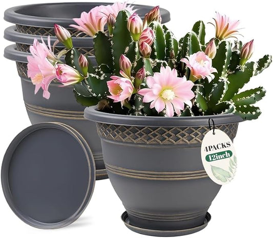 Usocik 12 Inch Plaid Plant Pots 4 Pack with Drainage and Saucers Gold | Gold plaid PP pots with drainage holes and saucers for flowers herbs pothos aloe patio porch garden