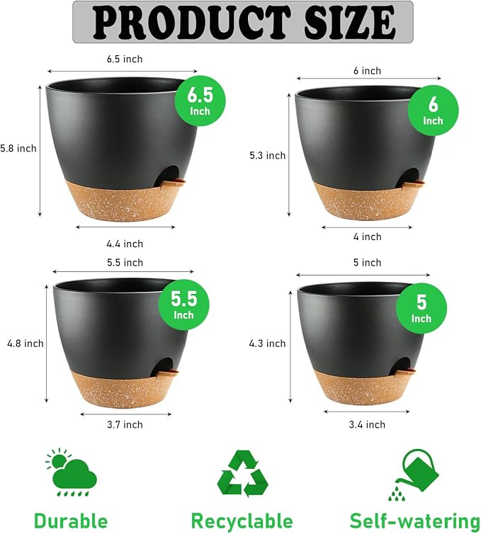 Self Watering Plant Pots with Drainage & Saucers, 4-Pack 6.5/6/5.5/5 in - Plastic Flower Pots for Indoor Plants, Succulents & Herbs, Planters for Indoor Outdoor & Balcony (Black)