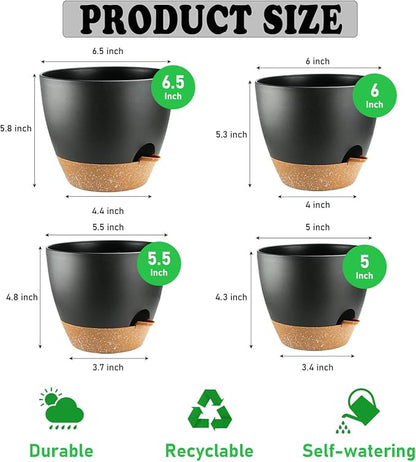 Self Watering Plant Pots with Drainage & Saucers, 4-Pack 6.5/6/5.5/5 in - Plastic Flower Pots for Indoor Plants, Succulents & Herbs, Planters for Indoor Outdoor & Balcony (Black)