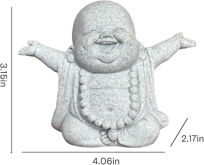 Mini Zen Laughing Buddha Statue, Tiny Sandstone Figurine for Garden Shelf | Mini monk figurine with contagious smiling face. Perfect for fish tank, desk ,or home decor. Brings joy and uplifts any space