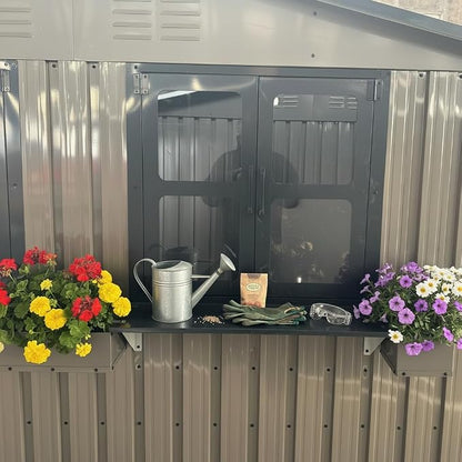6x9 FT Outdoor Storage Shed with 2 Clear Openable Windows,Waterproof Metal Building Backyard Shed w/Windowsill & Garden Bed Flower Rack,Lockable Double Doors Tool Shed,for Yard,Brown