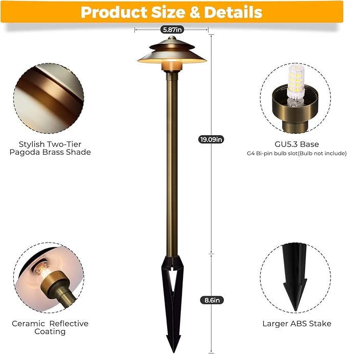 Gardencoin Solid Brass Low Voltage Landscape Pathway Lights (6'' Shade, 19'' Tall), 12V LED Heavy Duty Path Lighting Outdoor Wired, Waterproof Antique Bronze Walkway Light Without G4 Bulb,6 Pack